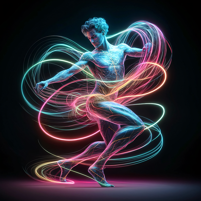 Alt= "Image of a man dancing with streams of energy around him to represent the Law of Perpetual Transmutation of Energy"